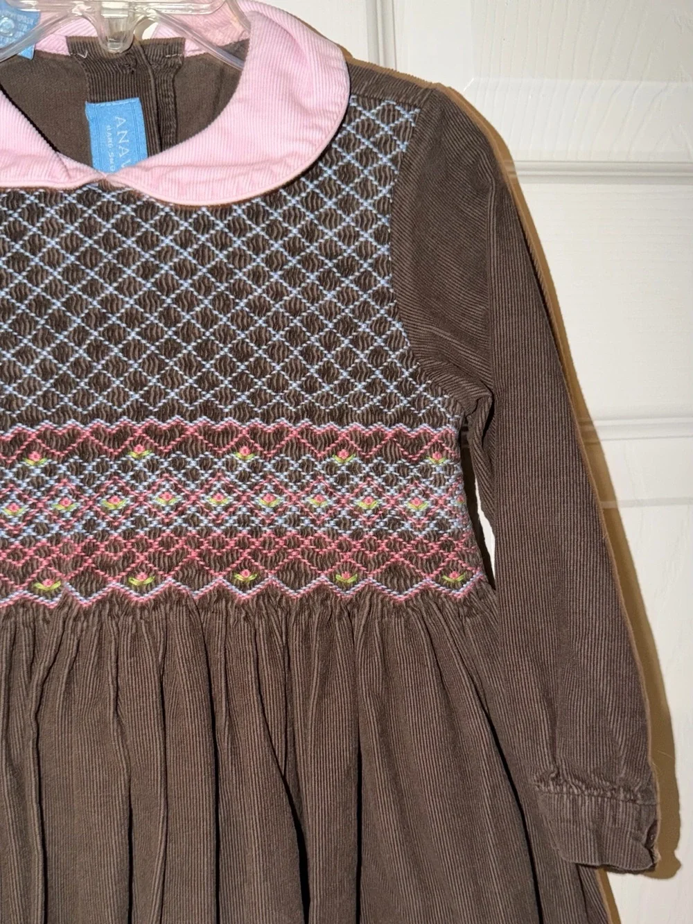 ANAVINI Girls Size 4 Hand Smocked Brown Corduroy Pink Collar Dress